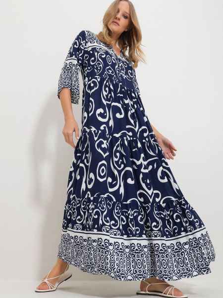 Pletené viskózové šaty Trend Alaçatı Stili modrá