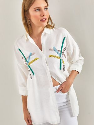 Lniana haftowana koszula Bianco Lucci szara
