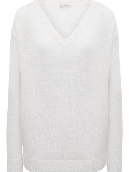 Шелковый льняной пуловер Brunello Cucinelli белый