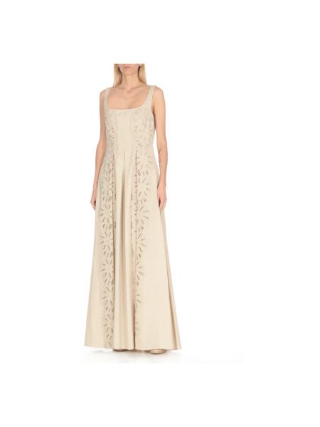 Vestido largo de lino de algodón de encaje Alberta Ferretti beige