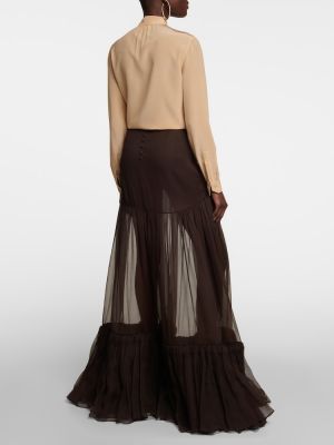 Falda larga de seda con volantes Saint Laurent marrón