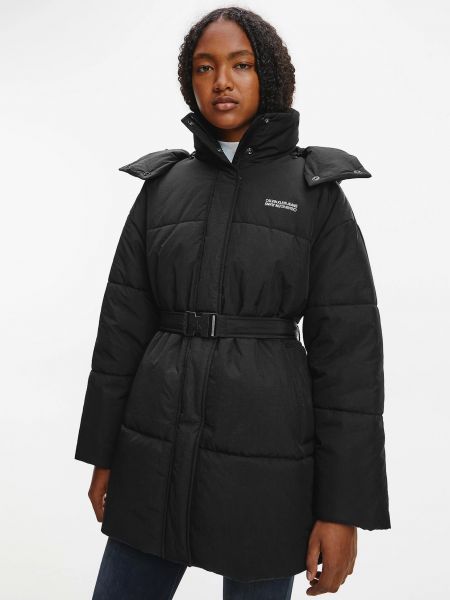 Prošívaný zimní kabát s kapucí Calvin Klein Jeans černý