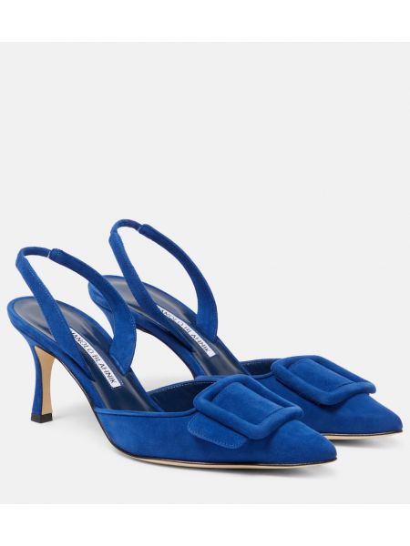 Pantofi cu toc din piele de căprioară slingback Manolo Blahnik albastru