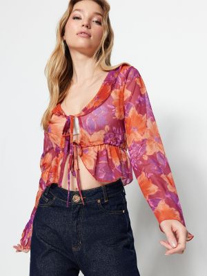 Pletena bluza z vezalkami s cvetličnim vzorcem Trendyol roza