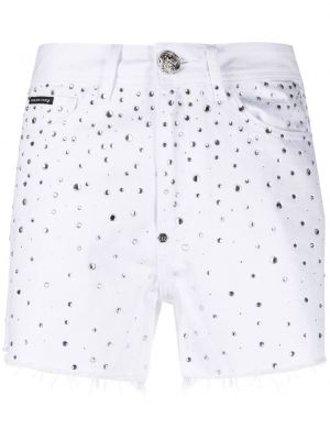 Křišťálové džínové šortky Philipp Plein bílé