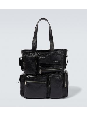 Obrabljena usnjena nakupovalna torba Balenciaga črna