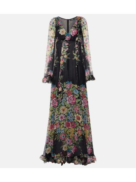 Svilena dolga obleka iz šifona s cvetličnim vzorcem Etro črna