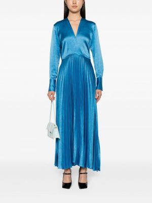 Plisované saténové dlouhé šaty Sandro modré