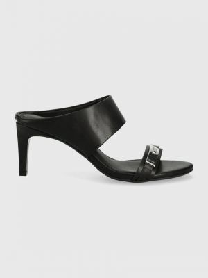 Kožené pantofle Calvin Klein Essentia Mule dámské, černá barva, na podpatku