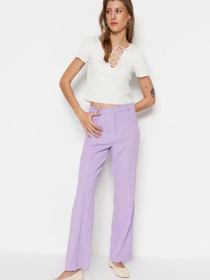 Pleteni ravne hlače z visokim pasom Trendyol vijolična