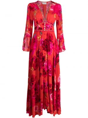 Virágos selyem hosszú ruha Camilla piros