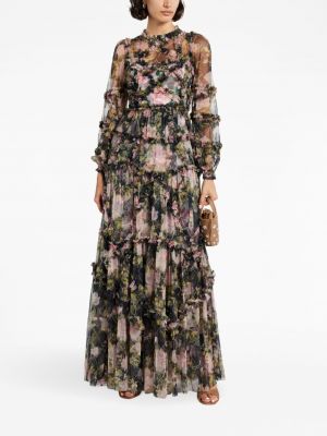 Sukienka koktajlowa w kwiatki z nadrukiem z falbankami Needle & Thread czarna