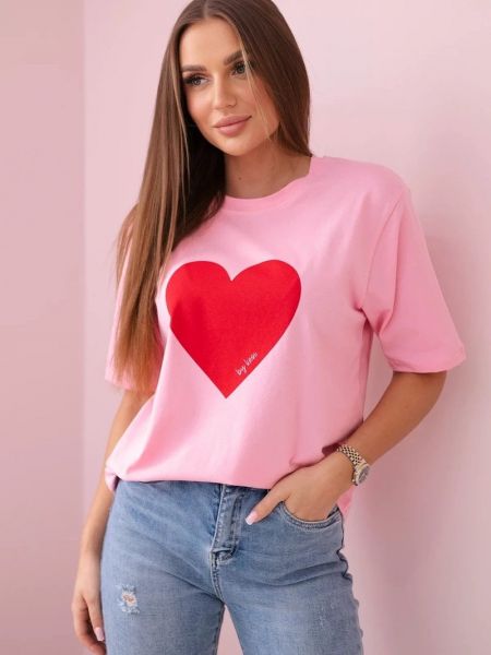 Bombažna bluza s potiskom z vzorcem srca Kesi roza