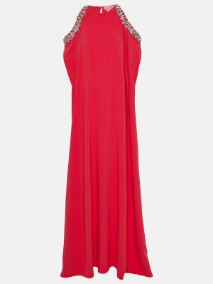 Jedwabna sukienka długa z kryształkami Oscar De La Renta czerwona