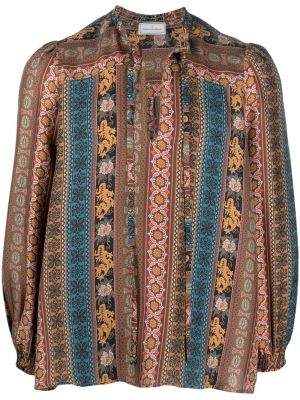 Jedwabna bluzka z nadrukiem z wzorem paisley Pierre Louis Mascia brązowa