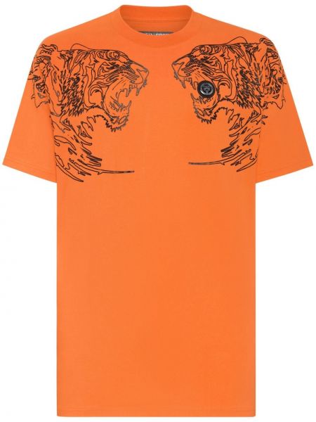 Tigrované bavlnené športové tričko s potlačou Plein Sport oranžová