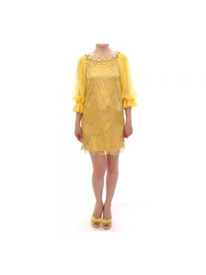 Sukienka mini koronkowa z kryształkami Dolce And Gabbana żółta