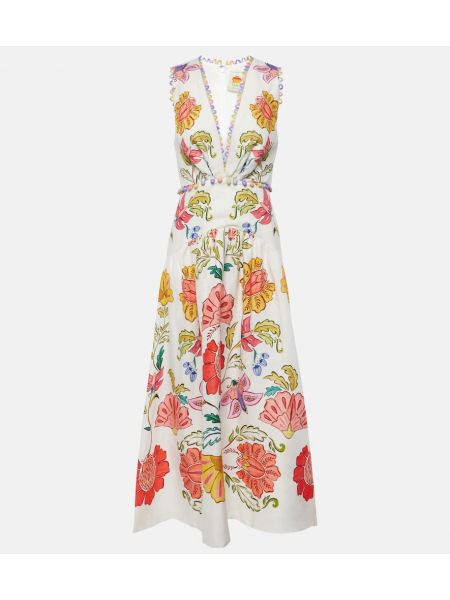 Laneni midi haljina s cvjetnim printom Farm Rio bijela