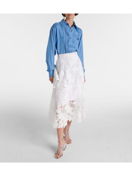 Midi suknja s cvjetnim printom s čipkom Oscar De La Renta bijela