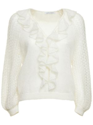 Moherowy sweter z falbankami Alberta Ferretti biały