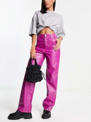 Кожаные прямые брюки с высокой талией из искусственной кожи Pimkie розовые