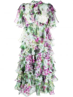Jedwabna sukienka mini w kwiatki z falbankami Dolce And Gabbana - zielony