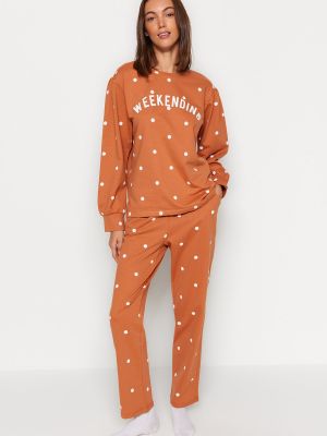 Dzianinowa piżama bawełniana w grochy Trendyol pomarańczowa