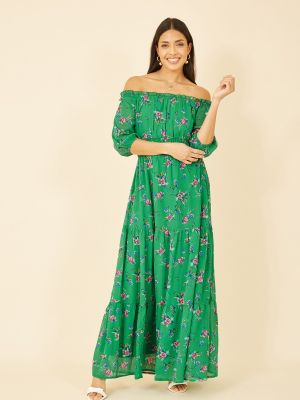 Длинное платье в цветочек с принтом с длинным рукавом Yumi зеленое