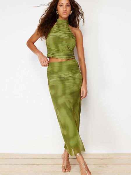 Drapovaný tylová pletená dlhá sukňa Trendyol zelená