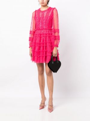 Sukienka mini z długim rękawem Needle & Thread różowa