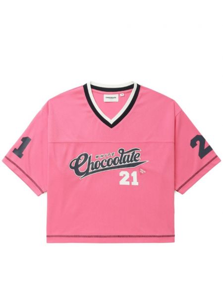 T-krekls ar apdruku ar v veida izgriezumu Chocoolate rozā
