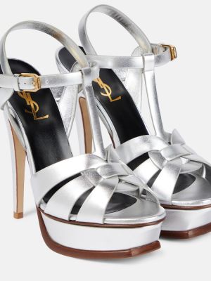 Sandale din piele cu platformă Saint Laurent argintiu