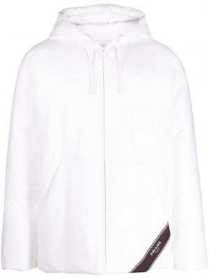 Páperová bunda s kapucňou s potlačou Prada biela