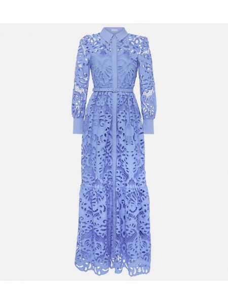 Pamučna haljina s pojasom s čipkom Self-portrait plava