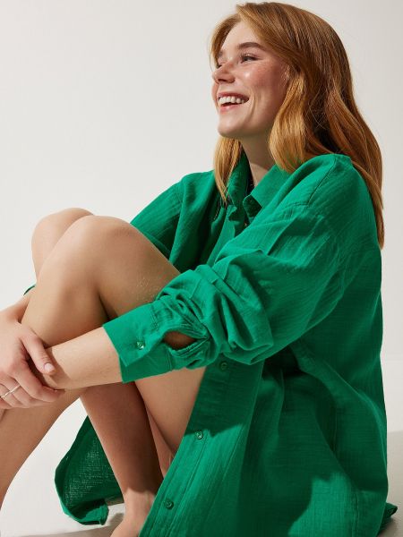 Oversized πουκάμισο με τσέπες από μουσελίνα Happiness İstanbul πράσινο