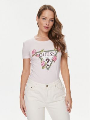 Květinové slim fit tričko Guess růžové