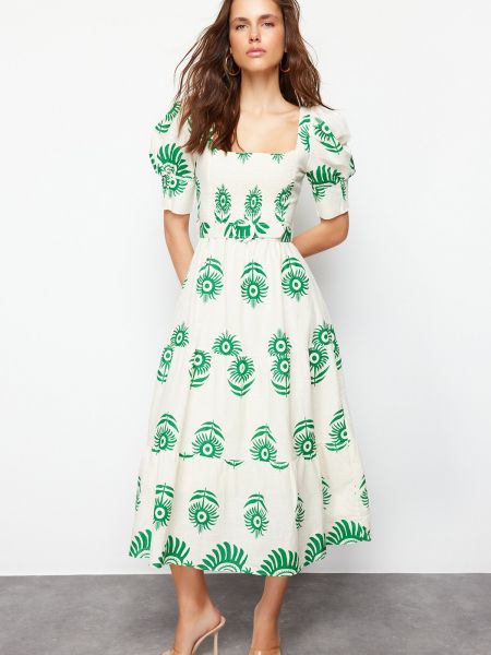 Λινή μίντι φόρεμα από λυγαριά Trendyol πράσινο