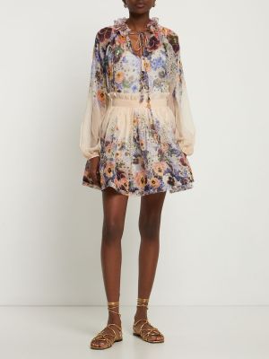 Květinové hedvábné lněné mini sukně Zimmermann fialové