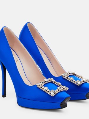 Pantofi cu toc din satin cu model floral cu platformă Roger Vivier albastru