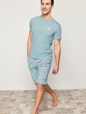 Pletené priliehavé pyžamo s potlačou Trendyol modrá