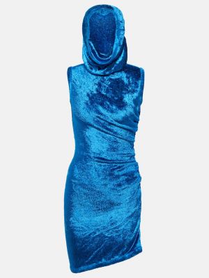Бархатное платье мини с капюшоном Alaïa синее