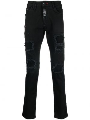 Blugi skinny rupți slim fit Philipp Plein negru