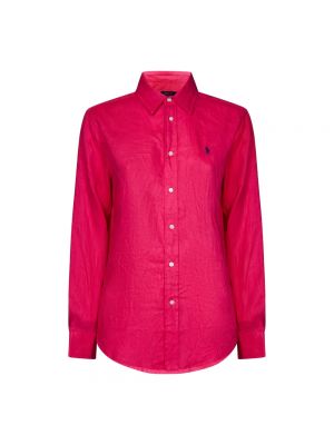 Lniana haftowana koszula Ralph Lauren różowa