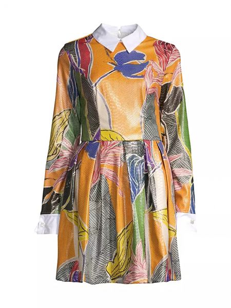 Кожаное платье мини в цветочек с принтом Stella Jean оранжевое