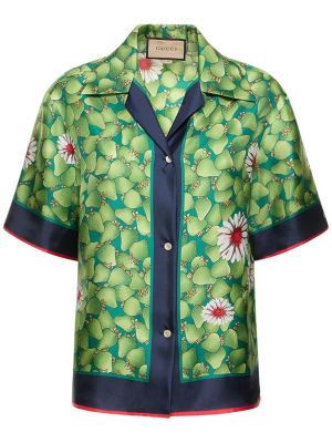 Jedwabna koszula z nadrukiem Gucci zielona