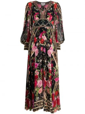 Květinové hedvábné dlouhé šaty Camilla černé