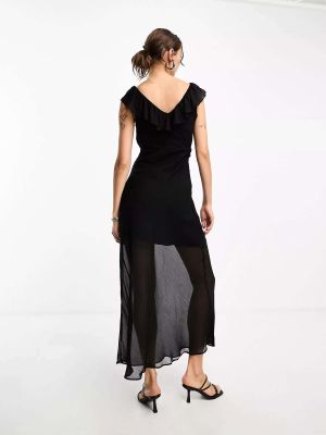 Прозрачное платье миди с v-образным вырезом с рюшами Glamorous черное