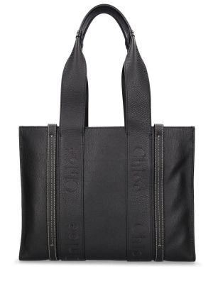 Usnjena nakupovalna torba Chloe črna