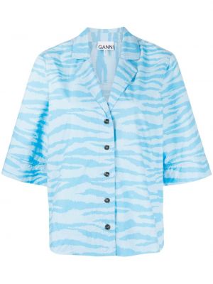 Памучна риза с принт с принт зебра Ganni синьо