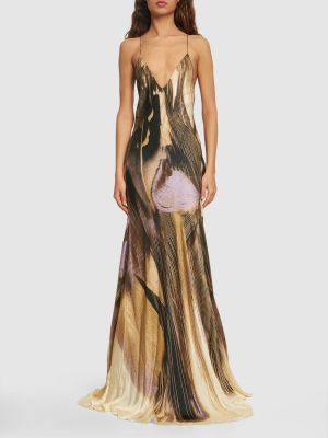Viskózové saténové dlouhé šaty Roberto Cavalli hnedá